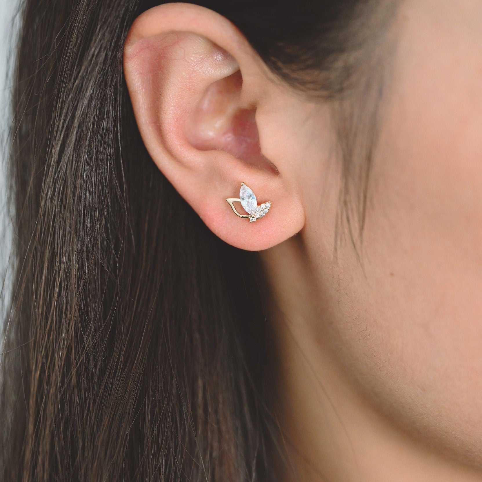 4pcs CZ Pave Gold Leaf Earring, Flower Earring, Gold Plated Brass, Jewelry Supplies (GB-3459)